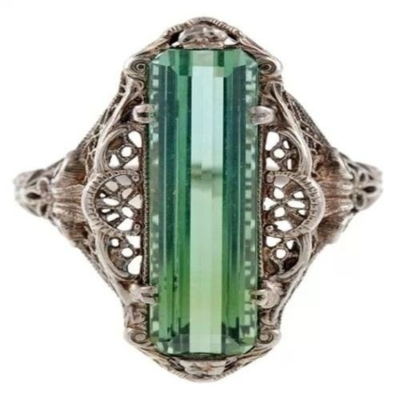 Jewelry - 925 Silver Carved Green Emerald Cut Victorian Ring